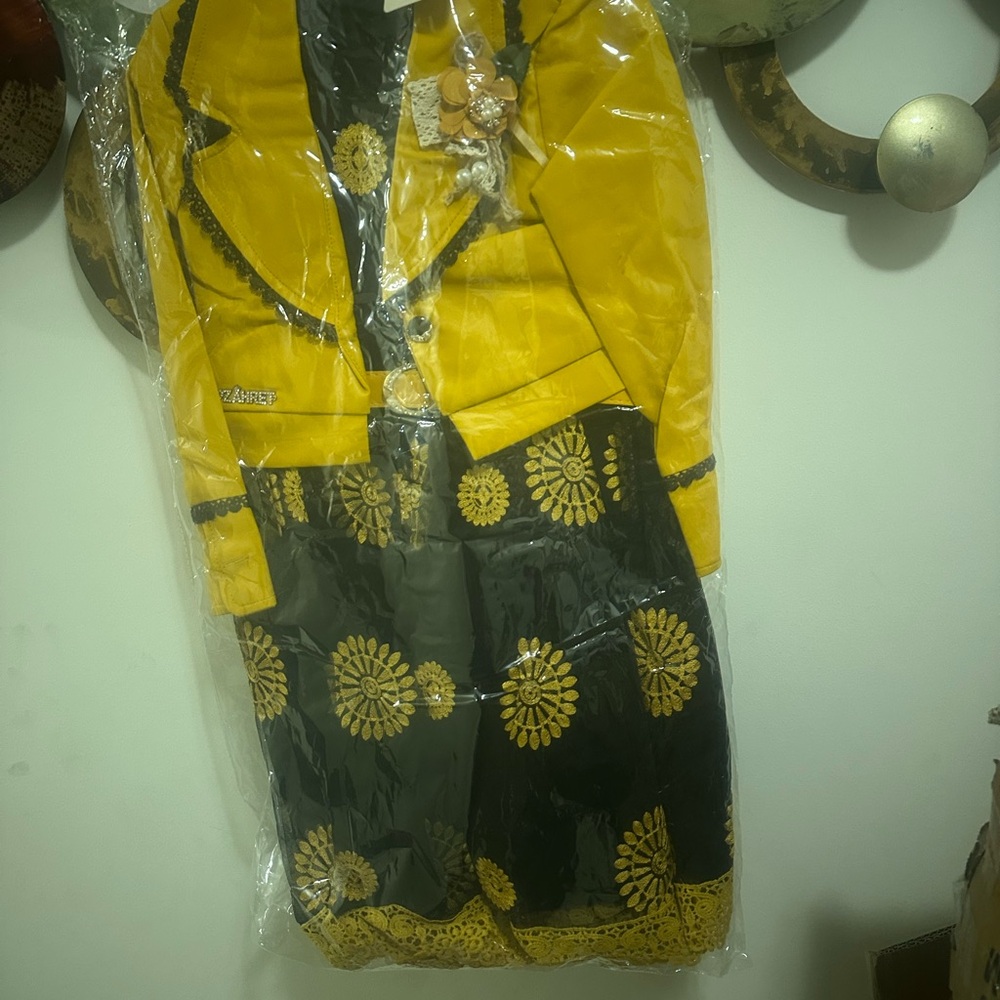 Yellow and Black Floral Skirt Suit
